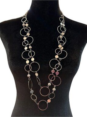 Layered Open-Circle Long Necklace Silver Tone Double Strand With NY Signature